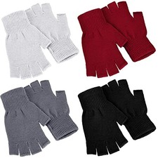 4 Pairs Winter Half Finger Gloves Knitted Black, Red, White, Dark Grey
