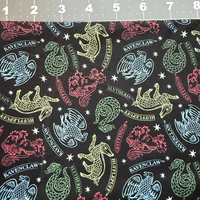 Harry Potter Hogwarts House Mascots on Black HALF YARD 100% Cotton quilting Rare