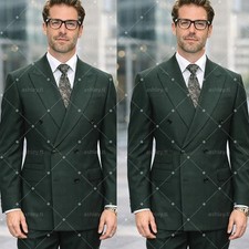 Green Men's Suits Peak Lapel Double Breasted Formal Business Office Wear 2 Piece