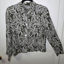 Chico s Silk Linen Blend Floral Jacquard Jacket Olive Green Button Front Size M