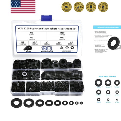 #ad 1200 Pcs Nylon Flat Washers for Screws Bolts Black Plastic Washers Fender ... $14.99