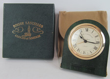 Vintage Roger Lascelles Travel Alarm Clock With Green Leather Effect Case