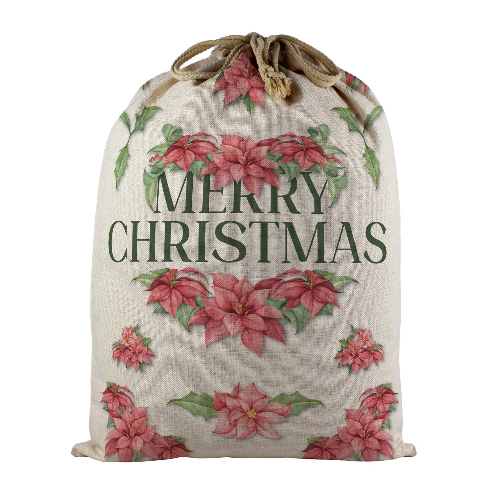 Poinsettias Santa Sack - Large Linen-Style Red Floral Present Bag for Xmas Gifts