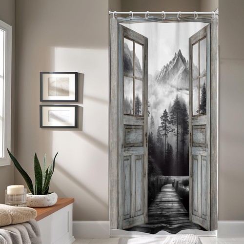 Stall Small RV Mountain Shower Curtain 36Wx72H Inch Narrow Half Camper Barn D...