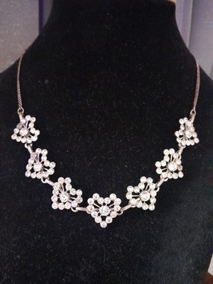 Some Rhinestones Little Hearts On Silver Tone Chain Necklace