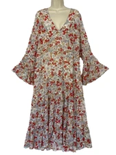 Natural Life Maxi Dress Medium Sheer Retro Floral Tiered Bell Boho Cottagecore