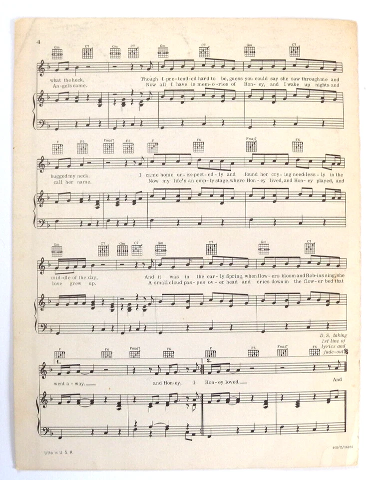 HONEY - Words and Music by Bobby Russell Recorded by Bobby Goldsboro Sheet Music - Image 3 of 3