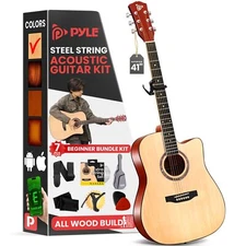 Pyle Beginner Cutaway Acoustic Guitar Kit, 4/4 Full Size All Wood Dreadnought St