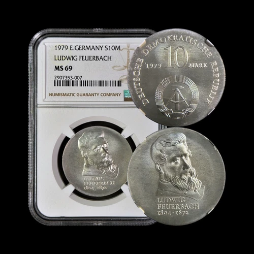 GERMANY, East. 1979, 10 Mark, Silver - NGC MS69 - Top Pop 🥇 Feuerbach, DDR