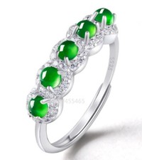 Certified Natural Burma icy Green Jadeite 925s Ring Crystal inlay 5 beads