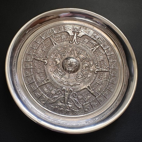 VINTAGE ANTIQUE HALLMARKED MEXICAN 925 STERLING SILVER AZTEC CALENDAR PLATE