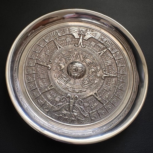 VINTAGE ANTIQUE HALLMARKED MEXICAN 925 STERLING SILVER AZTEC CALENDAR PLATE - Picture 1 of 7