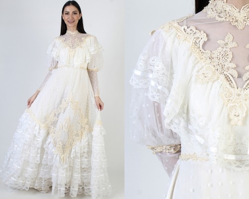 Vtg ALfred Angelo Wedding Dress Victorian Crochet Lace Bridal Gown Asym Train