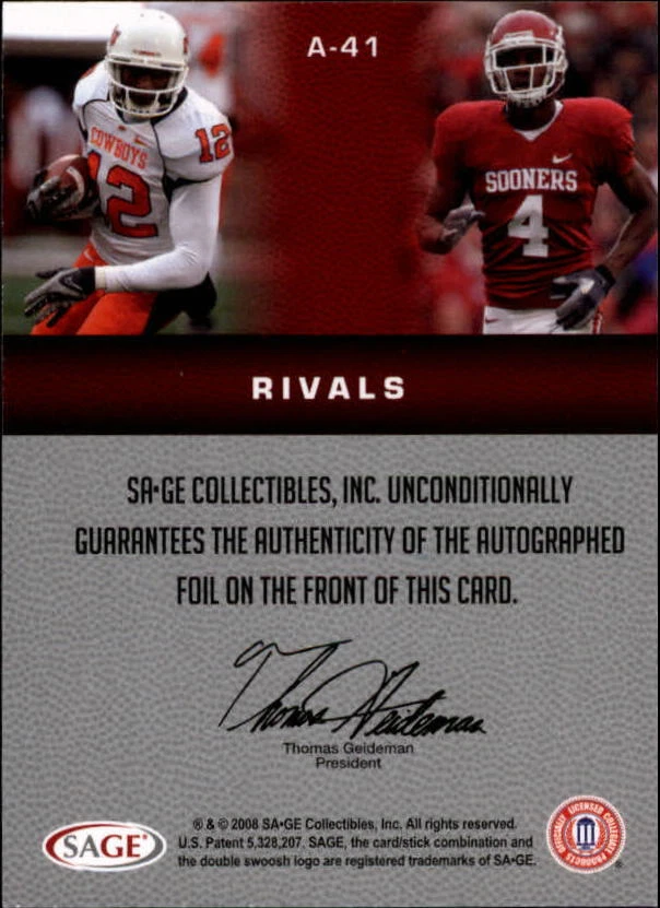 2008 SAGE Squared Dual Autographs #A41 Adarius Bowman/Malcolm Kelly - NM-MT - Image 2 of 2
