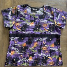 Women's Happy Halloween Scrub Top Sq Neck Purple Trick Treat Haunted House Sz M
