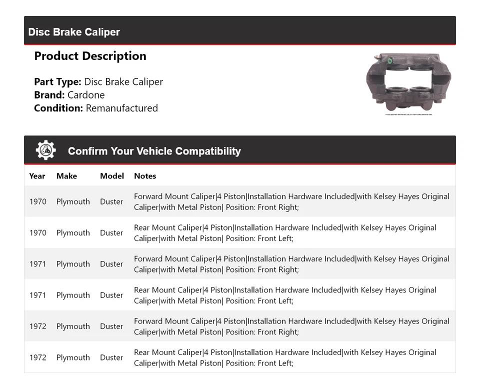 Pinza de freno de disco Cardone 1971 para Plymouth Duster 1970-1972 Foto 2 de 4