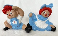 Vintage 1970s Byron Molds Raggedy Ann & Andy Hand Painter Ceramic Garden Statues