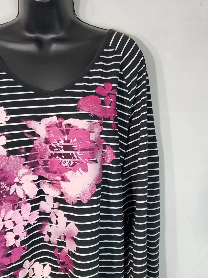 JMS by Hanes Blouse Women's Size 5X Black/White Stripe Pink Floral Glittery - Image 2 of 4