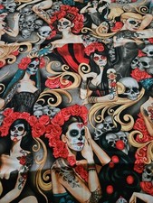 Alexander Henry 2017 Cotton Fabric Las Elegantes Skulls/Tattoos Etc 37" X 44"W