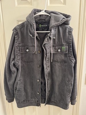 Monster Energy Men s Gray Hooded Denim Jacket Size M Logo Pockets