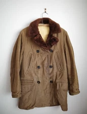 Vintage 1930's 1940s Barnstormer Sheepskin Lined Brown Canvas Long Coat EUC Sz M