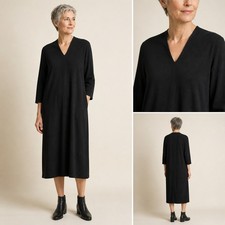 Eileen Fisher Black Tencel Jersey V-Neck Shift Dress Womens XS Extra Small 3/4