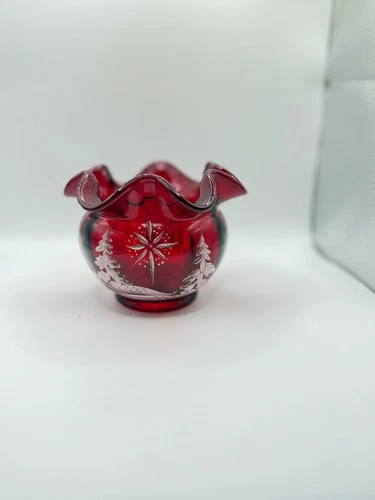 Fenton Glass Christmas Ruby Red Hand Painted North Star Rose Bowl Vase Signed