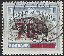 Liberia # 91a OCCASION CP.19 AOÛT 22 1905 Waterlow Hippopotame "C", erreur une par feuille