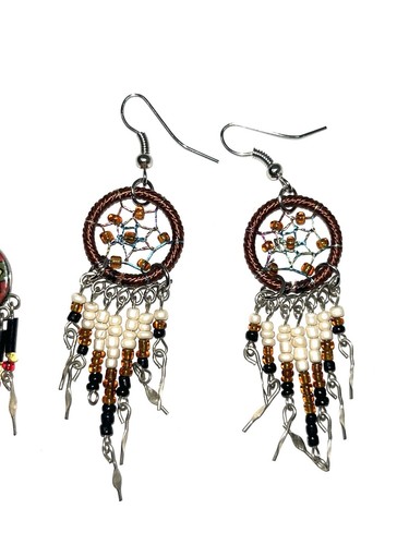 Dreamcatcher Tassel Earrings Boho& Tribal Aztec Silver Beaded Dangle Drop 2prs - Picture 3 of 11