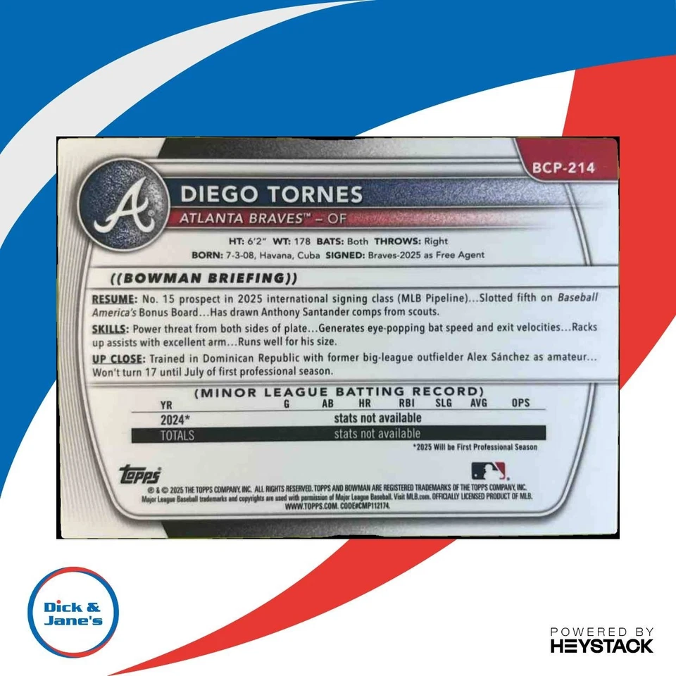 2025 Bowman Chrome Sapphire Diego Tornes Orange SP VARIATION /25 1st Prospect - Image 2 of 4