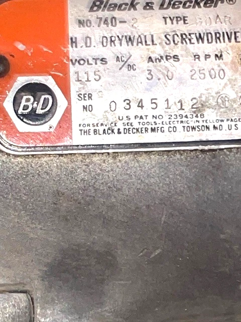 Vintage Black & Decker No. Destornillador para paneles de yeso de alta resistencia 740-2 115 V 2500 RPM EE. UU. Foto 3 de 4