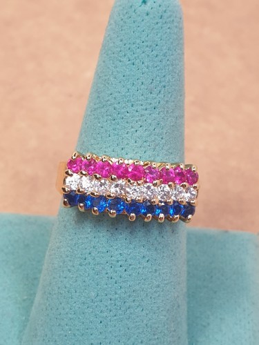 New 14KGE Size 10 Red White Blue American Fourth 4th July Gemstone Ring Cluster - Picture 2 of 10