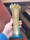 Super Pretty Aqua Opalescent Northwood Carnival Glass Diamond Point Vase