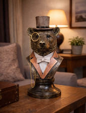 Gentleman Bear Bust with Top Hat & Monocle | Animal Bust Statue | Vintage Home