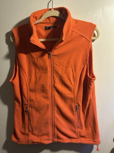Women’s XL Fleece Zip Up Vest Orange Pockets Warm Sleevless Collared A45i