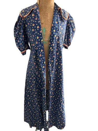 Antique Floral Indigo Print Duster Dress Jacket Dressing Gown House Coat Vtg - Picture 8 of 18