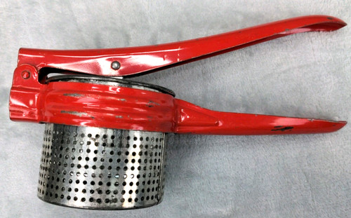 Vintage 1950's Metal Potato Ricer With Red Handle & Frame Masher Strainer