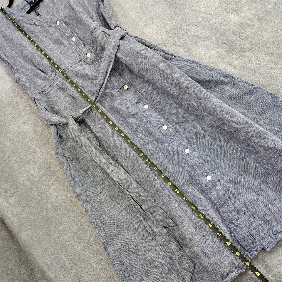 Vestido Camisa Midi Lands' End 100% Lino Talla L (14-16) Azul Cambray Bolsillos Playa Foto 3 de 4