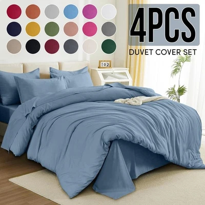 SUPREMETEXTILES Reversible Duvet Cover With Pillowcase & Fitted Sheet Microfiber 4 Piece Bedding
