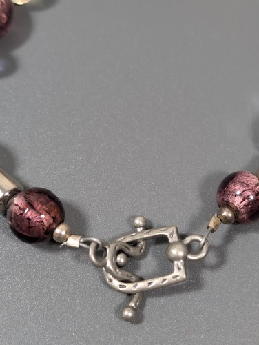 Beachy Coastal Purple Golden Art Glass Bead Silver Tone Toggle Bracelet 7.5 inch - Picture 2 of 11