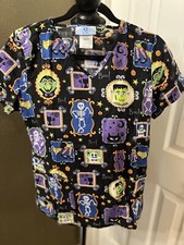 Womens SB Scrubs XS Black Halloween V Neck Pullover Cotton Scrub Top Ghost Bat