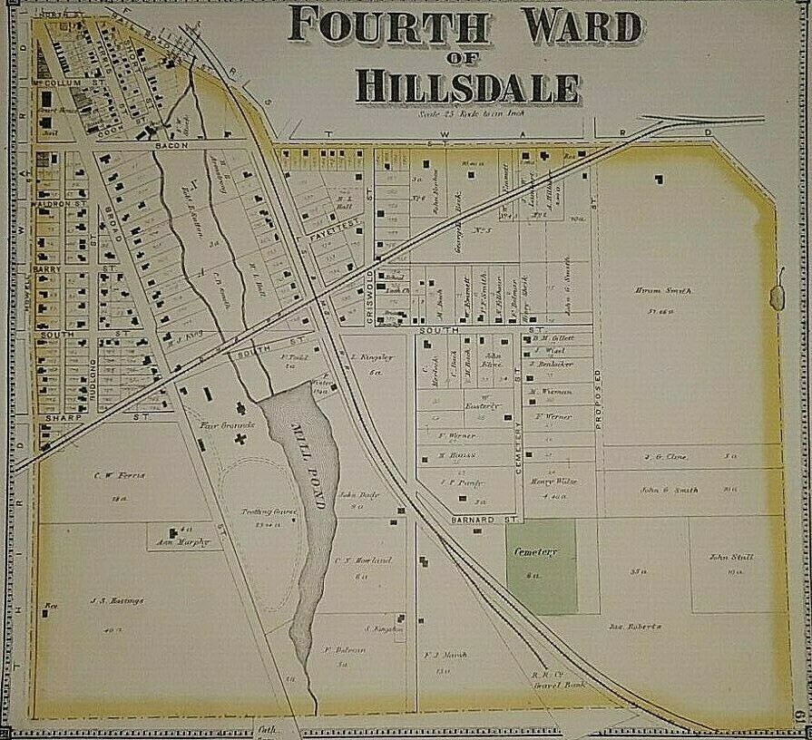 Old 1872 Railroad & Plat Map FORTH WARD of HILLSDALE, HILLSDALE Co