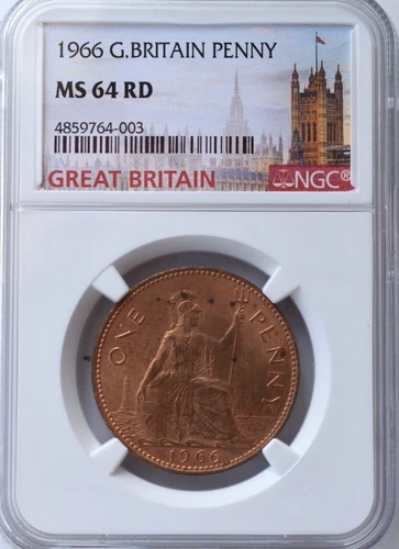 1966 ELIZABETH II PENNY Uncirculated 1d NGC MS64 RD Great Britain Britannia