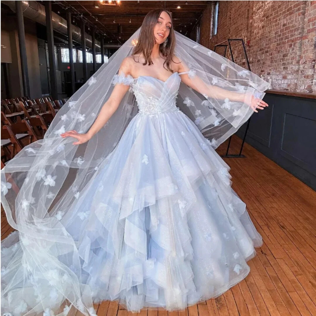 Elegant Blue Wedding Dresses Spaghetti Applique Ball Gown Floral Bridal  Gowns