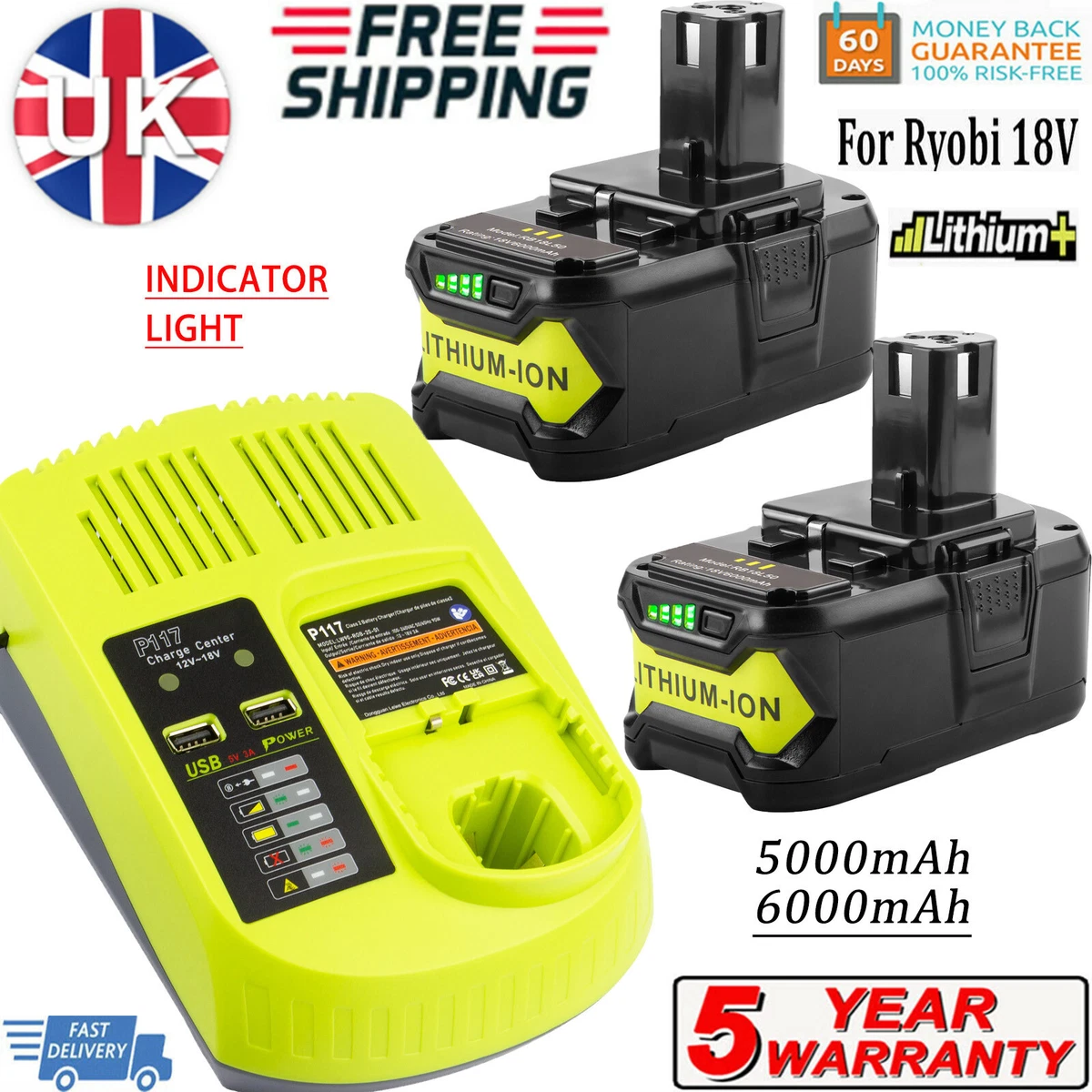 2x For Ryobi One Plus 18V 6Ah 9Ah Battery P108 RB18l13 RB18l50 RB18L40 Charger