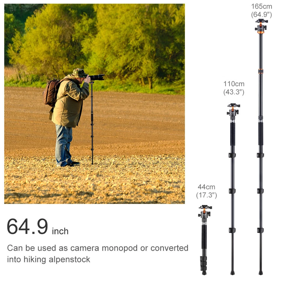 K&F Concept 17''-62'' Professional Travel Camera Tripod Monopod 360° Ball Head - Image 3 of 4