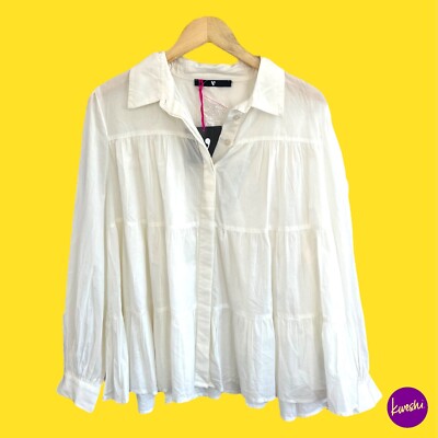 V by sehr leichte Plissee Bluse, Boho Chic, 100% Baumwolle, weiß, UK 18