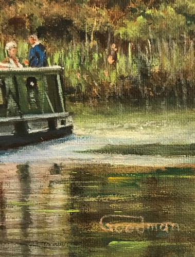 ORIGINAL LEON GOODMAN "The Longboat" canal barge boat river lock OIL PAINTING - Picture 2 of 2