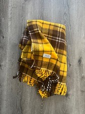 Vintage Faribo Fluff Loomed Wool Plaid Throw Blanket Yellow Brown 70x48 USA