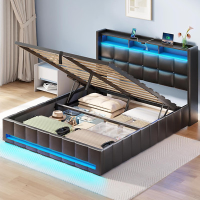 Bed Frame Full Size with Lift up Storage, Charging Station & LED Lights, Upholst